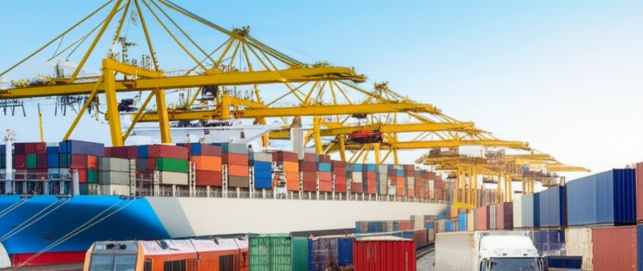 Сцена интермодальных перевозок с контейнеровозом, грузовым поездом и грузовиком в современном порту, представляющая сложность глобальной логистики.