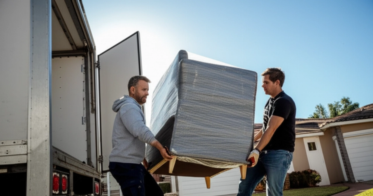 Двое кавказских мужчин несут большой предмет мебели к грузовику для переезда.