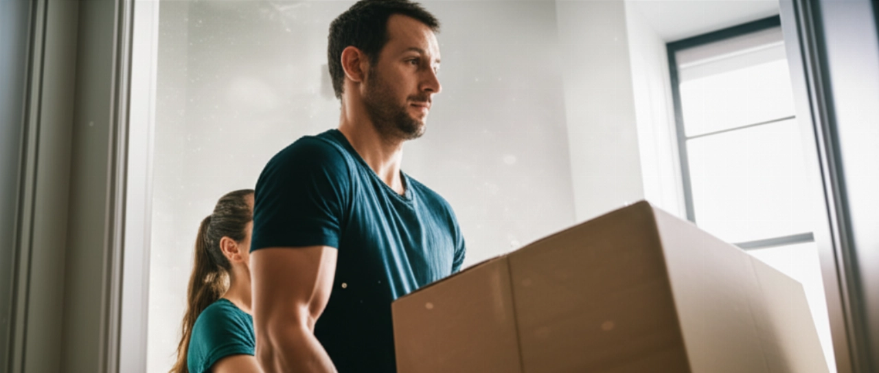 Два кавказца сотрудничают, чтобы переместить большую тяжелую коробку через дверной проем.