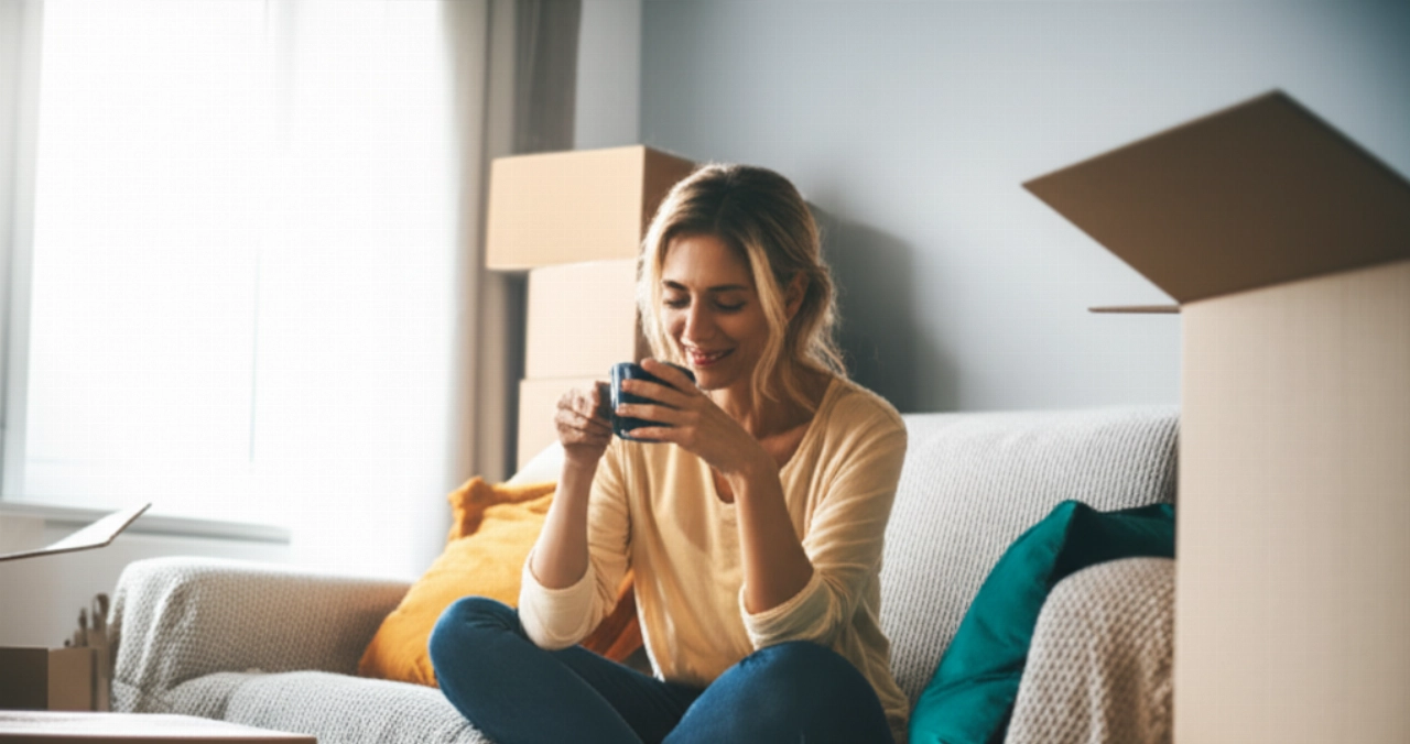 Кавказская женщина отдыхает на диване в новой, частично распакованной гостиной после переезда.