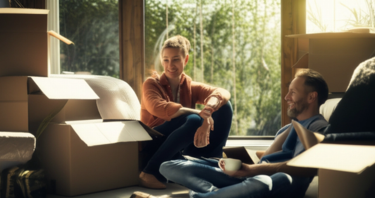 Расслабленная и счастливая кавказская пара в своей новой, частично распакованной гостиной, после успешного переезда.