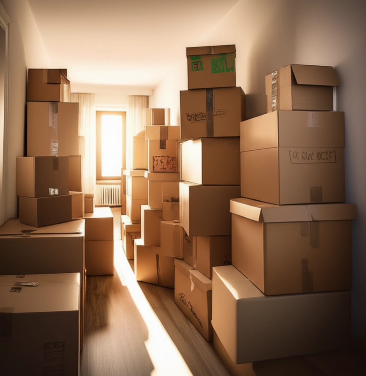 Коридор, полный сложенных коробок для переезда, освещенный естественным светом.
