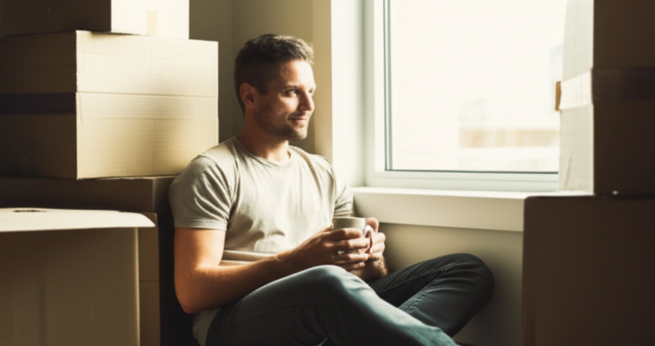 Кавказский мужчина отдыхает в новой квартире, окруженный коробками для переезда.