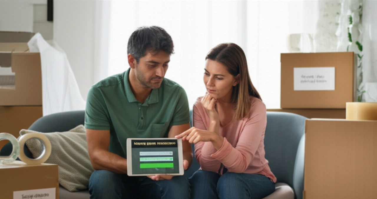 Кавказская пара планирует переезд, просматривая симуляцию сметы на планшете, окруженная коробками.