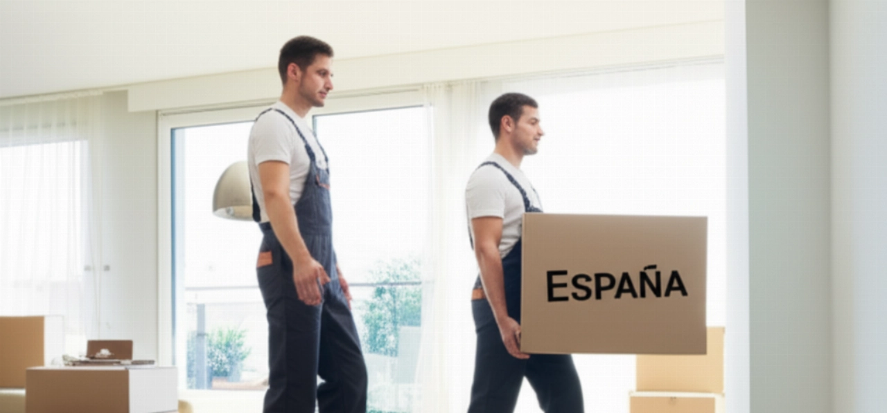 Два профессиональных кавказских грузчика осторожно несут коробку с надписью "España" из современной гостиной.