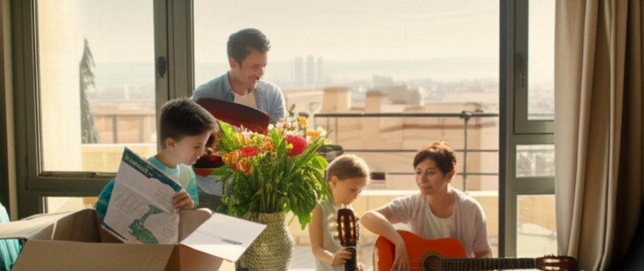 Счастливая кавказская семья распаковывает коробки в светлой современной квартире в Испании, с видом на испанский город или море.