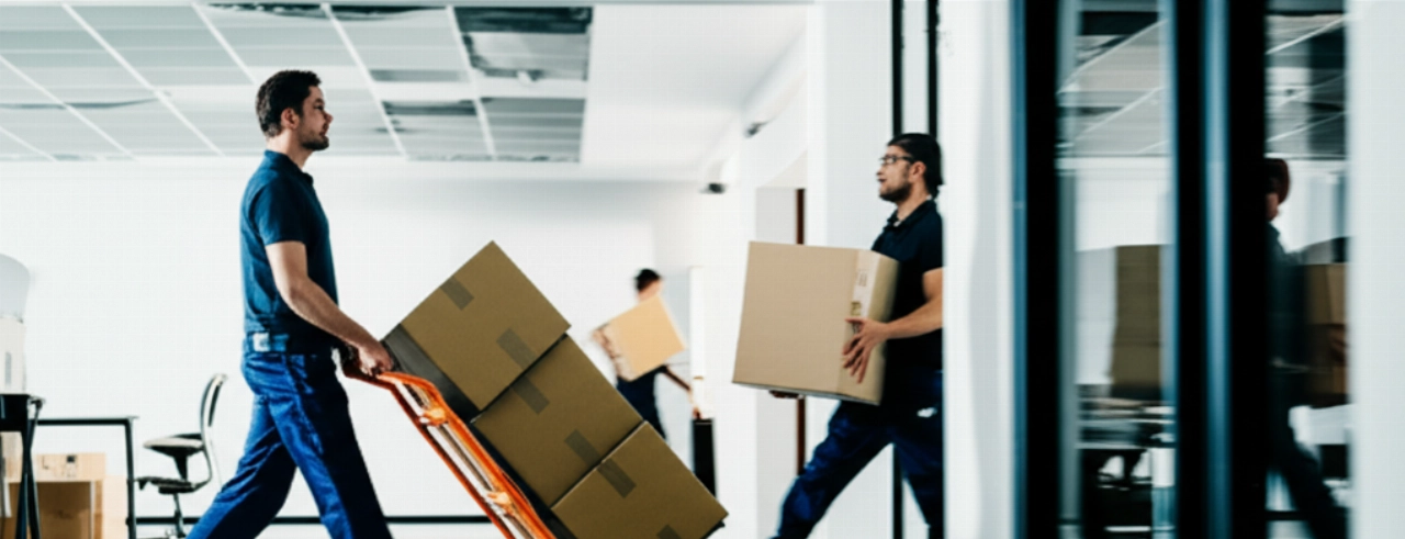 Гиперреалистичная сцена, где кавказские грузчики перевозят картонные коробки по офисному коридору, подчеркивая эффективность процесса переезда.