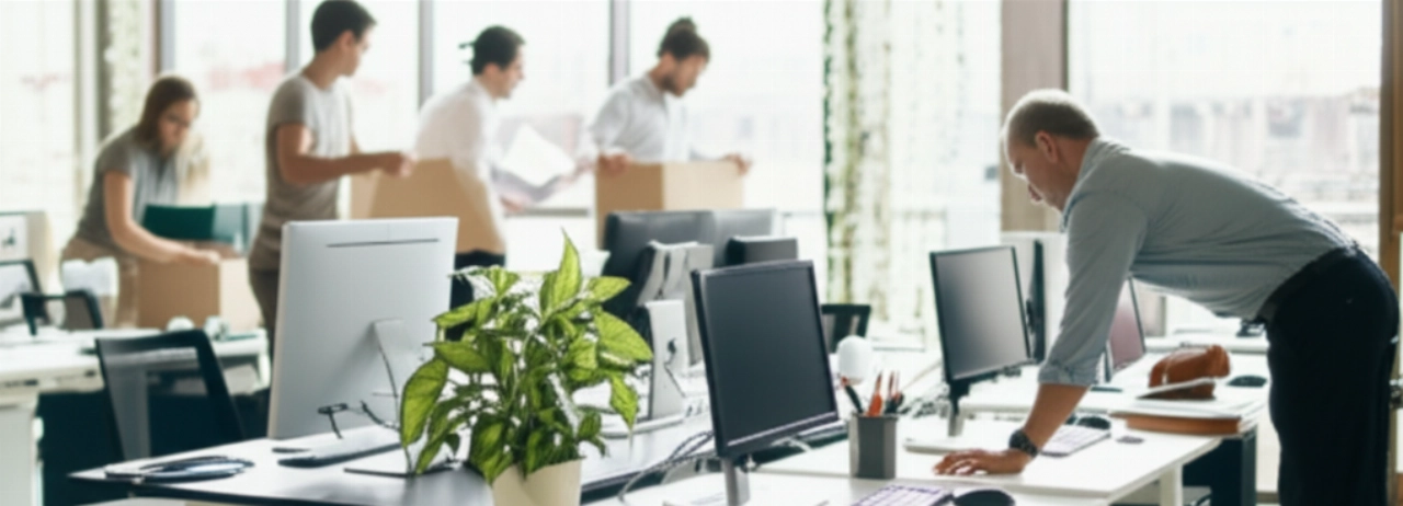 Гиперреалистичное изображение нового современного и светлого офиса, где кавказские сотрудники распаковывают последние коробки и обустраивают рабочие места, символизируя новое начало.